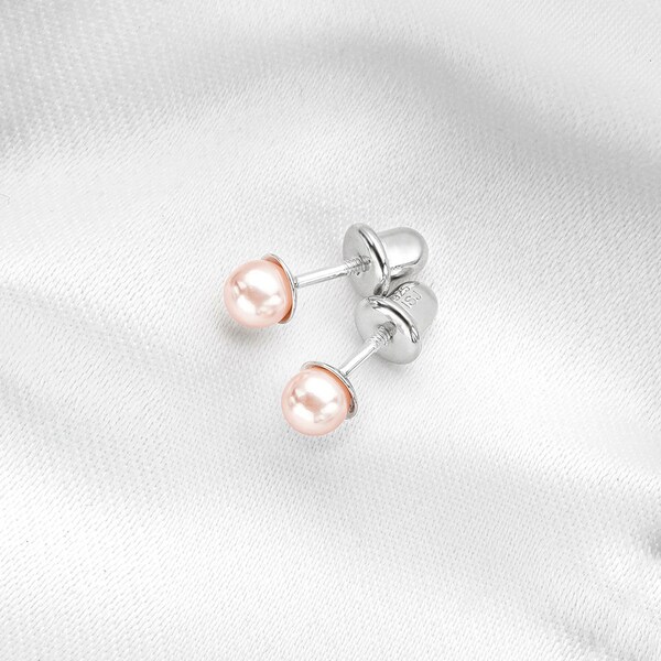 925 Sterling Silver Little Girls Classic Pink Simulated Pearl Screw Back Earrings - Small Pink Simulated Pearl Earrings For Babies and Girls