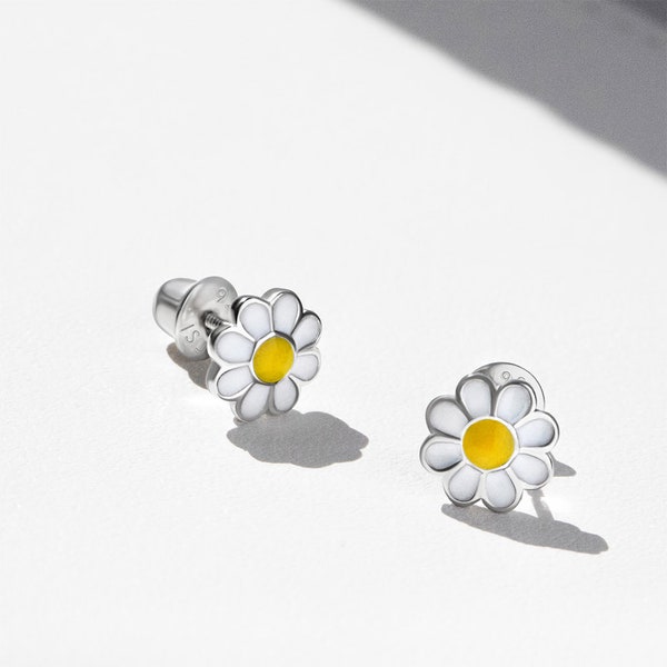 925 Sterling Silver Enamel Daisy Flower Earrings with Safety Screw Back Locking - Floral Enamel Stud Earrings For Children