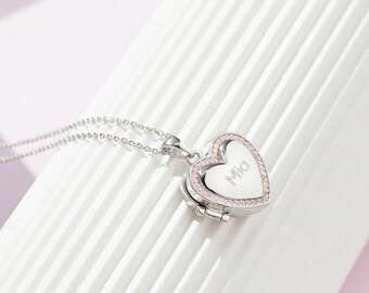 925 Sterling Silver Cubic Zirconia Heart Photo Locket Pendant Necklace - Heart Shaped CZ Memory Photo Locket For Young Girls