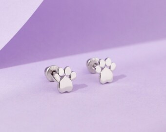 925 Sterling Silver Children's Small Dog Paw Screw Back Earrings - Tiny Puppy Paw Screw Back Earrings For Girls - Dog Paw Earrings For Girls