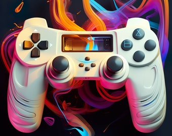 May include: A white video game controller with black buttons and a digital display. The controller is surrounded by colourful, abstract swirls of orange, blue, and purple.