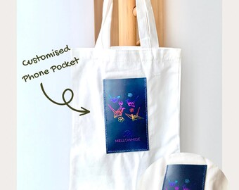 Custom Genderless Tote Bag with Pocket, Handmade Leather Phone Pocket, Custom Design Tote Bag, A4 Tote Bag, Unique Casual Tote Bag, Eco-Gift