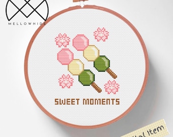 Dango Sakura Cross Stitch Pattern PDF, Beginner, Embroidery, Modern Easy Cross Stitch Pattern, Pink, Cute, Japanese sweet, cherry blossom