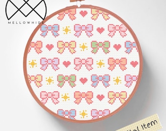Rainbow Ribbon Cross Stitch Pattern PDF, Beginner, Embroidery, Modern Easy Cross Stitch Pattern, Pink, Cute, Colourful, Heart, Star, Kawaii