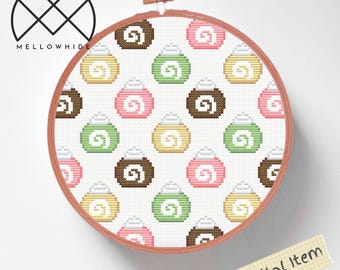 Swiss Rolls Cross Stitch Pattern PDF, Beginner Embroidery, Modern Easy Cross Stitch Pattern, Dessert Hoop Art, Pink, Cute, Colourful, Kawaii
