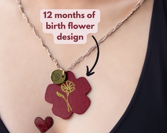 Birth Flower Leather Necklace, custom floral necklace, Rose Gold Collar Chain, flower pendant necklace, birthday gift, gift for her
