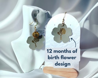 Gold Birth Month Flower Gray Leather Earrings, handmade leather earrings, boho earrings, leather dangle earrings, minimalist earrings