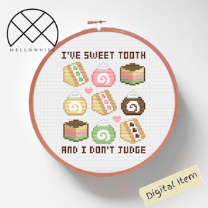 Sweet Tooth Cross Stitch Pattern PDF, Beginner, Embroidery, Modern Easy Cross Stitch Pattern, Cake, Cute, Colourful, Dessert, Sweets, Kawaii