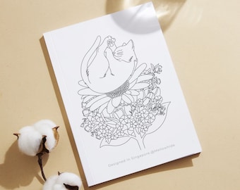 Printable Coloring Postcard Set of 5, Floral Cat, Coloring page Postcard, Snail Mail, Thank you card, greeting cards, birthday card