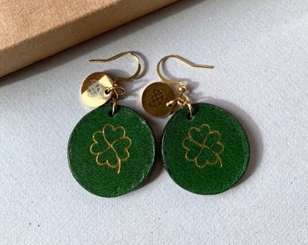 Gold Clover Green Leather Earrings, handmade earrings, lucky charm, good luck gift, leather dangle earrings, hypoallergenic earrings