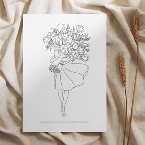 Blumenstrauß druckbare Färbung Postkarte 5er-Set, Malvorlage Postkarte, Snail Mail, Dankeschön-Karte, Grußkarten, Geburtstagskarte