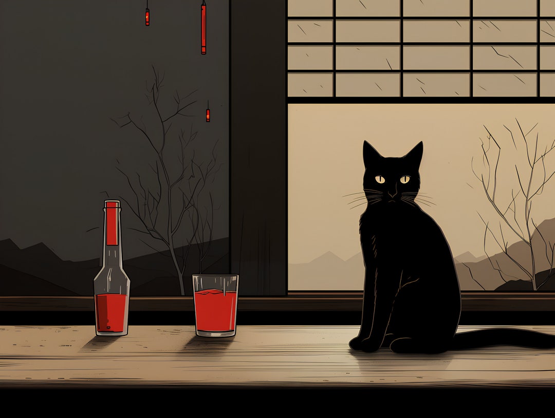 Black Cat Red Wine Animal Art Print Canvas Gallery Wrap Minimalist ...