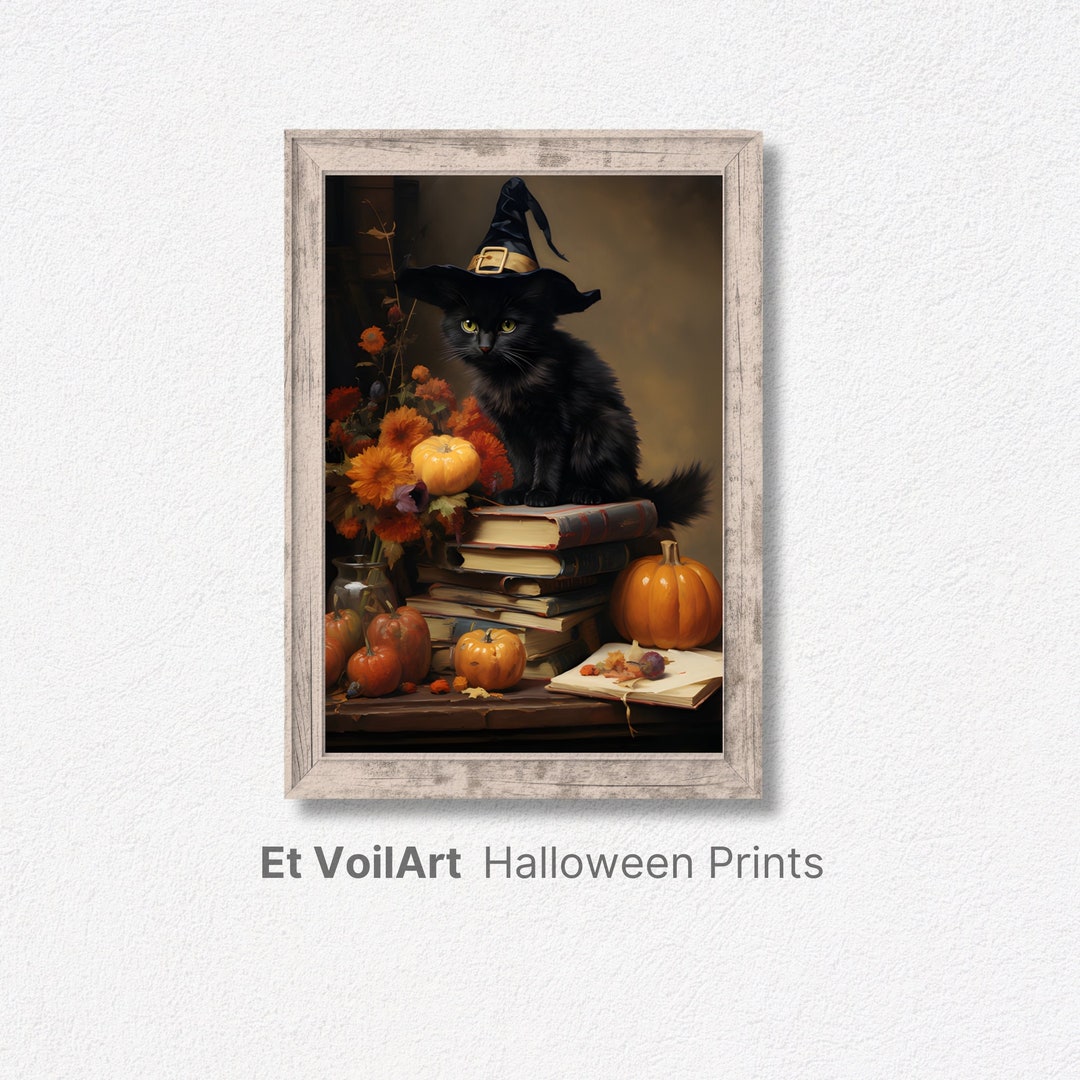 Printable Halloween Black Cat Wall Art Cat in Vintage Etsy