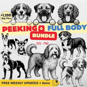 Pacote de cachorro SVG PNG, clipart de cachorro espiando e de corpo inteiro, arquivos Cricut de silhuetas em preto e branco, atualizações SEMANAIS incluídas.