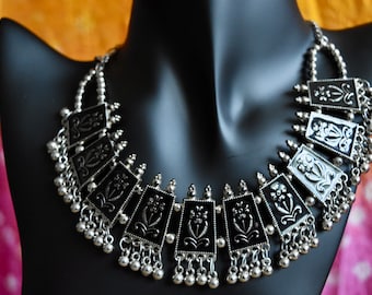 Set Di Gioielli Indiani Tradizionali Bohémien - Collana Con Ciondolo A Fiocco E Orecchini In Argento Anticato Ossidato, Regalo Etnico Per Donna, Festa E Cerimonia