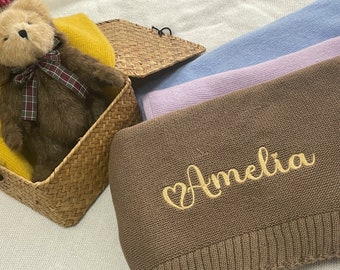 Baby Name Blanket | Custom Kint Blanket | Embroidered Baby Name | Stroller Blanket | Newborn Baby Gift | Soft Cotton Knit | Baby Shower Gift
