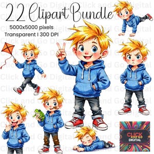May include: A digital clipart bundle featuring a cartoon boy with spiky blonde hair in various poses. The boy wears a blue hoodie, grey trousers, and red trainers. The image includes the text "22 Clipart Bundle" and "Click and Go Digital".