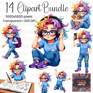 May include: A digital clipart bundle featuring a cartoon character with rainbow hair, glasses, and various poses. The character is wearing a blue shirt and jeans. The text "14 Clipart Bundle" is at the top, with "Click and Go Digital" at the bottom.