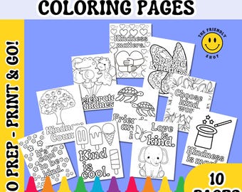 May include: A set of 10 black and white coloring pages featuring illustrations and text about kindness. The pages include images of a heart, a butterfly, a turtle, an elephant, a tree, ice cream, and a magic hat. The text on the pages includes phrases like "Kindness matters", "Spread kindness", "Choose kind words", "Love is kind", "Kindness counts", "It's cool to be kind", "Kind is cool", and "Kindness is magic".
