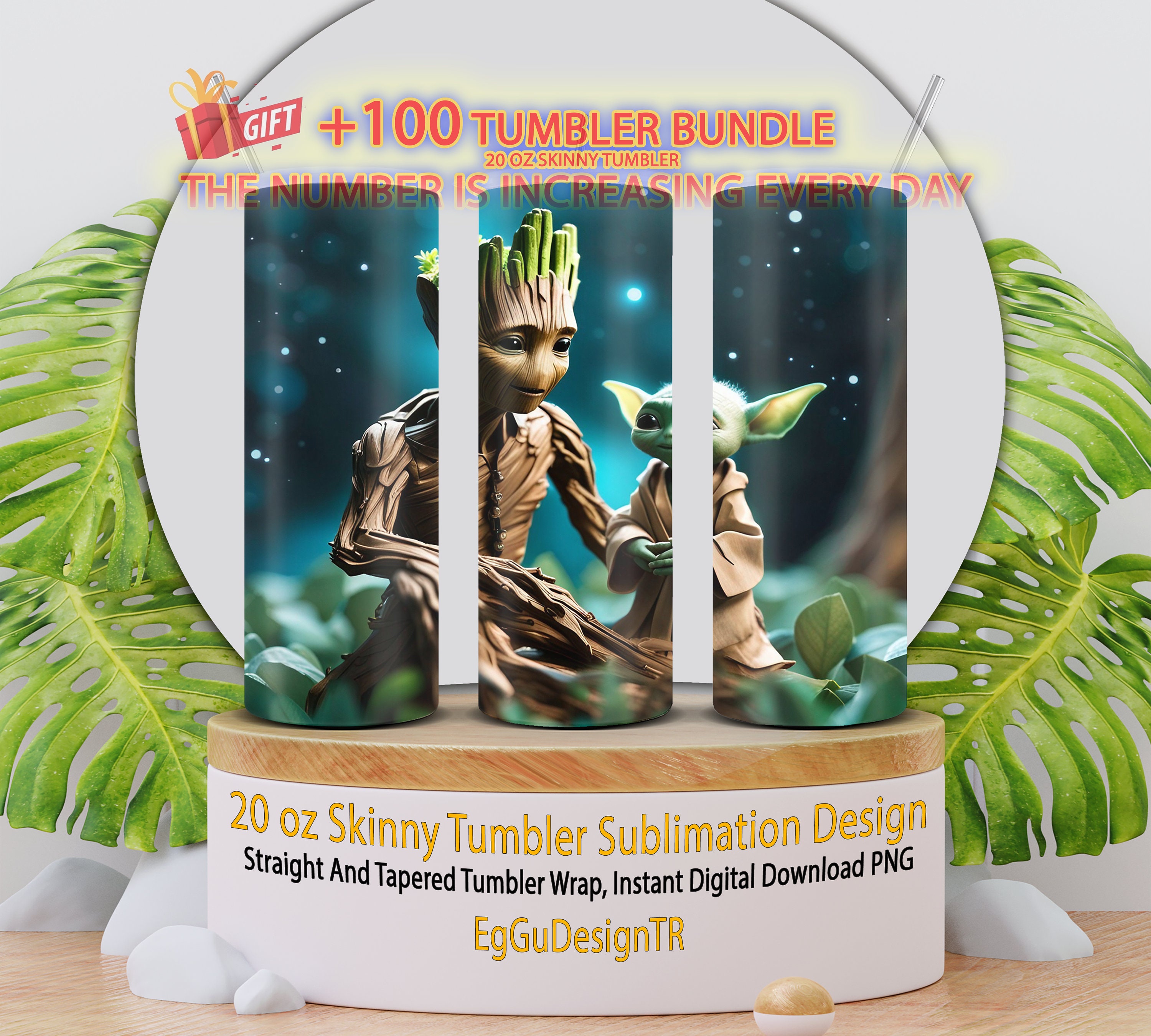 BESTIE Baby Yoda & Baby Groot Tumbler Cup 20oz Straight Skinny Wrap