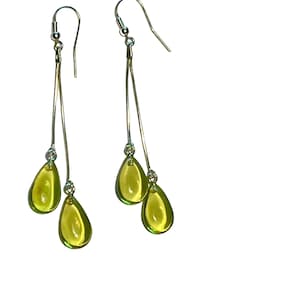 Green Amber Tear Dangle Earrings