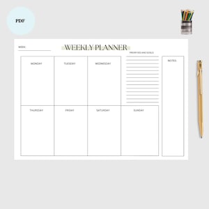 Planificador semanal minimalista imprimible / Planificador elegante de tareas pendientes sin fecha en formato horizontal / Programa semanal y notas / Tamaño carta 29,7 x 21 cm