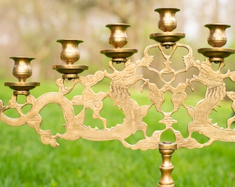 Intricate Chinese Etched Brass Candelabra