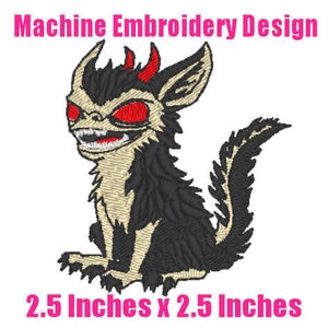 May include: Machine embroidery design of a cartoon black and white creature with red eyes and horns. The creature is sitting with its tail curled behind it. The design is 2.5 inches by 2.5 inches.