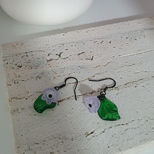 Lily of the Valley Earrings | 3.5cm Drop | Fairycore Cottagecore | Green Leaves | Purple Flower & Black Hardware | Gift Ideas
