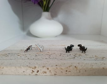 Pixelated Dinosaur Stud Earrings | 18K Gold Plated Stainless Steel | Silver or Black Tone | Retro Gamer Earrings | Fun Dino Jewelry