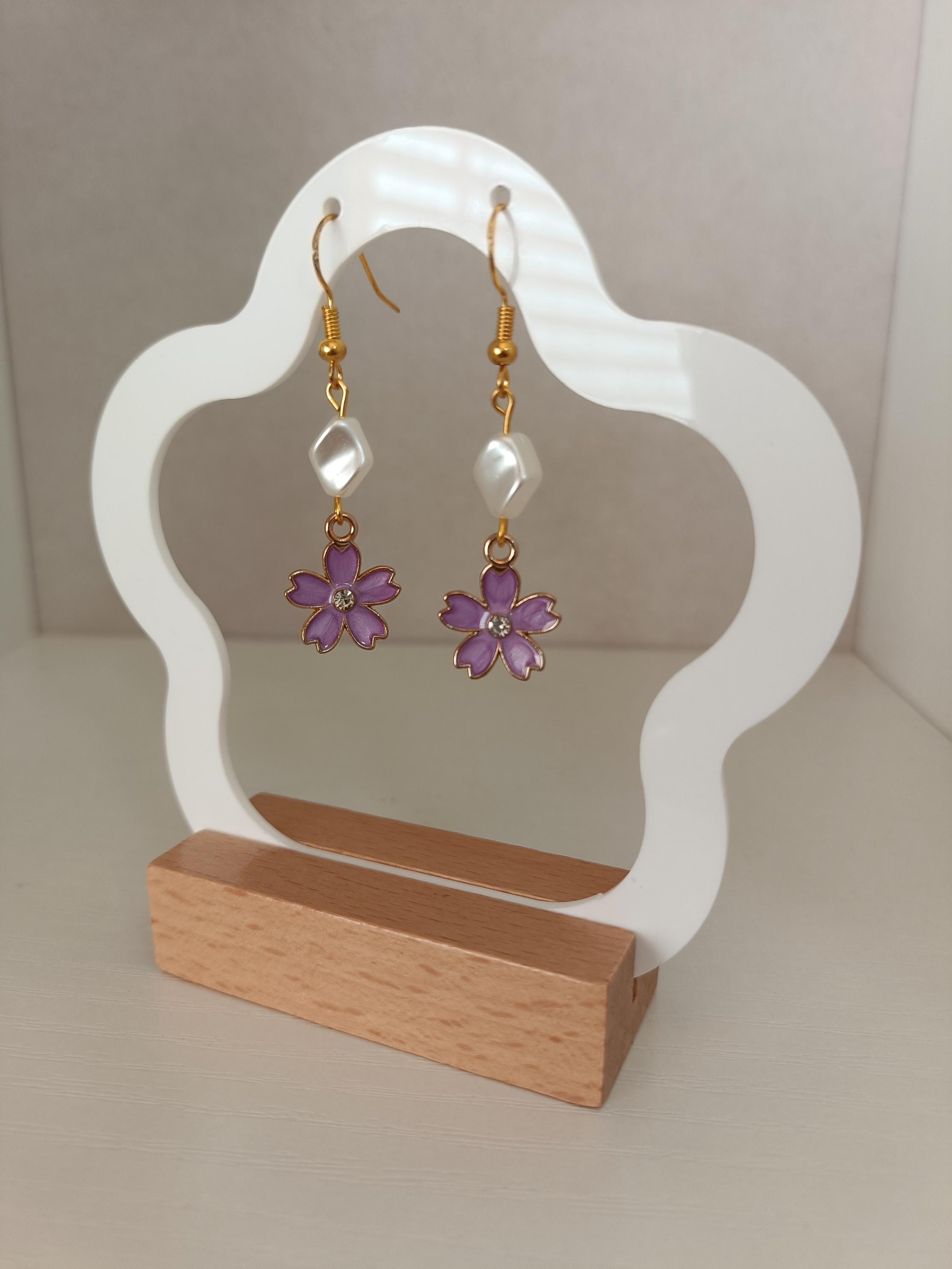 Boucles D'oreilles Pendantes - Fleur Violette Lavande Et Zircon Cube Rose | Lot Neuf