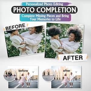 Puede incluir: Imagen promocional de servicios de edición de fotos, titulada "PHOTO COMPLETION". Presenta comparaciones de "antes" y "después" de mejoras de imágenes, con fotos familiares y paisajes urbanos. El diseño es limpio y moderno, enfatizando la claridad visual.