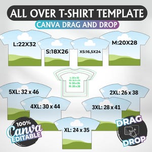 Modello di maglietta completa, modello di contorno per maglietta, design modificabile con trascinamento della selezione Canva, modello di design per maglietta completa pronto per la sublimazione