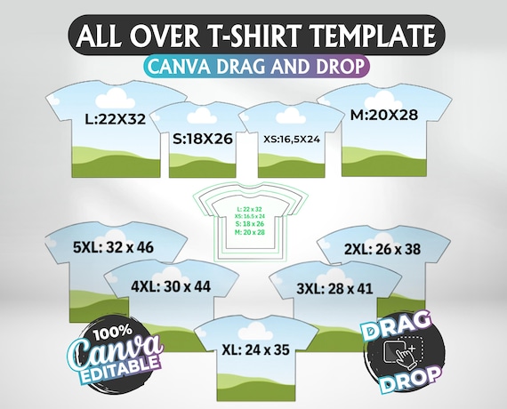 All Over T-Shirt Template: Canva Editable, XS-5XL (Digital Download)