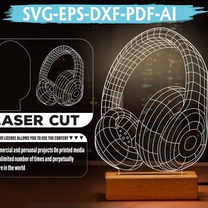 Op de afbeelding: Een wit draadframeontwerp van een koptelefoon op een houten basis. Het ontwerp is geschikt voor lasersnijden en geschikt voor commerciële en persoonlijke projecten. De tekst "SVG-EPS-DXF-PDF-AI" en "LASER CUT" is zichtbaar in de afbeelding. De tekst "OUR LICENSE ALLOWS YOU TO USE THE CONTENT" is ook zichtbaar in de afbeelding.