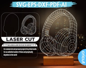 Headphones 3D LED Night Light SVG DXF Vector (Digital Download)