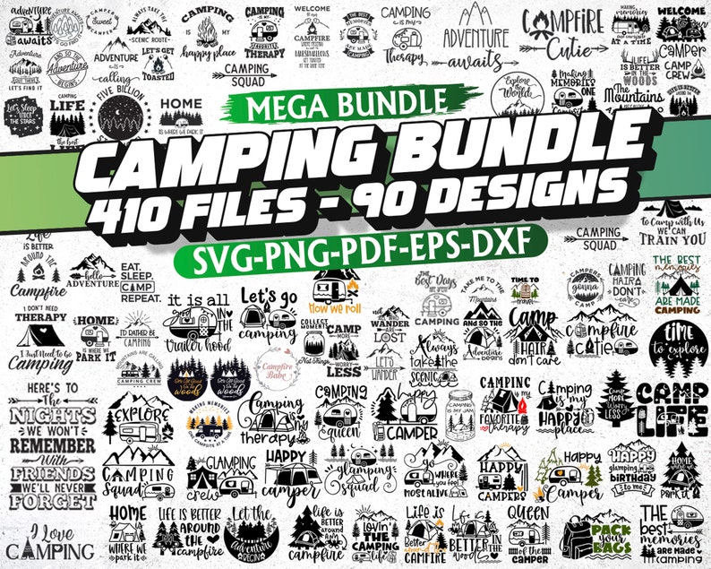 K&ouml;nnte beinhalten: Ein Schwarzwei&szlig;-Grafikdesign-Paket mit 410 Dateien und 90 Designs zum Thema Camping. Das Paket enth&auml;lt SVG-, PNG-, PDF-, EPS- und DXF-Dateien. Die Designs zeigen verschiedene campingbezogene S&auml;tze und Bilder, darunter ein Wohnwagen, ein Lagerfeuer, Berge und B&auml;ume.