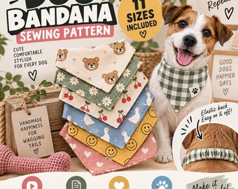 Dog Bandana Sewing Pattern, 11 Sizes XS-XXL, Elastic Scrunchie Style (PDF)