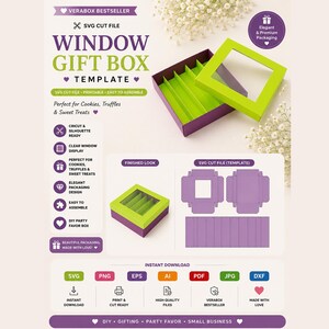 Peut inclure: Un modèle de boîte cadeau fenêtre violet et vert, avec le texte "Window Gift Box Template". La conception est pour les cookies, les truffes et les friandises. Comprend les formats de fichiers SVG, PNG, EPS, AI, PDF, JPG et DXF.
