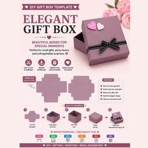 May include: A DIY gift box template with the text "ELEGANT GIFT BOX". The image shows a mauve gift box with a black ribbon and heart-shaped embellishments. Instructions for assembly are included, along with file format icons.