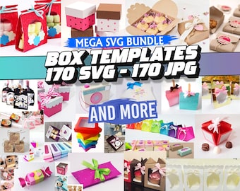 Peut inclure: Un ensemble de 170 modèles de boîtes SVG et JPG pour l'artisanat. L'image montre une variété de boîtes colorées et à motifs, y compris une boîte en forme d'appareil photo, une boîte à cupcakes et une boîte à bonbons. Le texte "MEGA SVG BUNDLE BOX TEMPLATES 170 SVG - 170 JPG AND MORE" est affiché au centre de l'image.