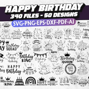 Ensemble joyeux anniversaire SVG, 50 modèles, anniversaire Doodle SVG, cadeau d'anniversaire SVG, fichiers de coupe Cricut, décoration de gâteau, décorations d'anniversaire imprimables