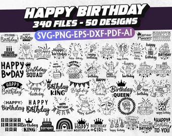 Birthday SVG Bundle: 50 Doodle Designs, Cake Topper (Digital Download)