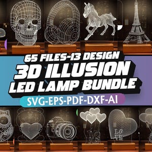 Pacchetto SVG lampada LED illusione 3D / 13 design / File vettoriali luce acrilica per taglio laser e CNC, uso commerciale, svg, cdr, dxf, ai, pdf