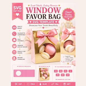 Modèle SVG de sachet à fenêtre, sachet à friandises SVG, sachet cadeau macaron, emballage de bonbons, fichier de découpe Cricut pour sachet à fenêtre