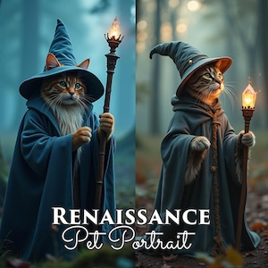 Portrait d'animal de compagnie fantastique, portrait de chat sorcier, portrait de chat personnalisé, portrait d'animal de compagnie personnalisé sur le thème de la fantaisie, cadeau sur le thème du dragon, animal de compagnie numérique mystique