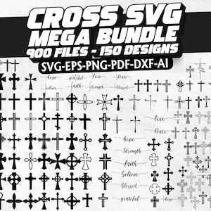 May include: A digital download of 900 SVG files featuring 150 different cross designs. The designs include various styles of crosses, some with words like "hope", "love", "faith", and "peace".