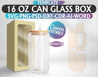 16oz Can Glass Box Template: Window Box SVG, PNG, PSD (Instant Download)