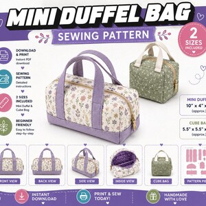 Könnte beinhalten: Ein Schnittmuster für eine Mini-Reisetasche und eine Würfeltasche mit floralen Stoffmustern in Lila und Grün. Das Bild zeigt fertige Taschen, Innenansichten und Schnittteile mit Textbeschriftungen für die Maße in Zentimetern.
