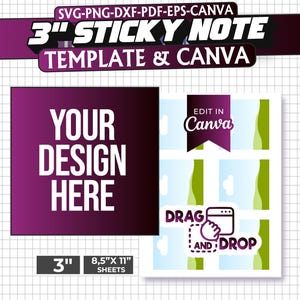 Sticky Note Template, 3 inches Sticky Note Template, Drag & Drop Editable Sticky Notes Design, 8.5&quot;x11&quot; sheet, Printable, Instant Download
